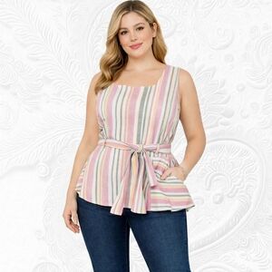 Monteau Los Angeles Striped Sleeveless Peplum Top with Waist Tie, Medium